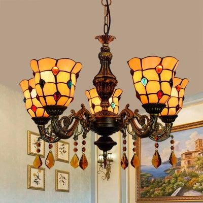 5 Lights Bell Shape Hanging Light Lodge Stained Glass Jewel Chandelier - Rebooters