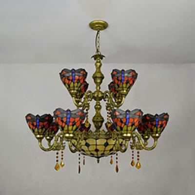 13 Lights Dome-Shaped Hanging Lamp Tiffany Style Stained Glass Dragonfly Chandelier - Rebooters