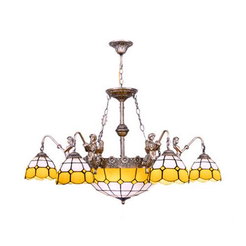 9 Lights Pendant Lighting Tiffany Domed Stained Glass Chandelier Lamp in Yellow - Rebooters