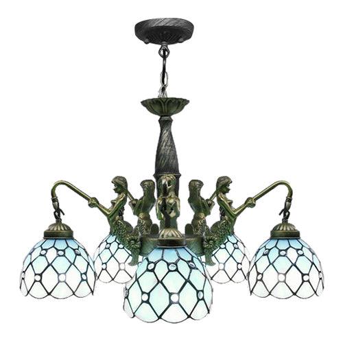 5 Lights Dome Hanging Chandelier Tiffany Blue Cut Glass Pendant Light Fixture with Mermaid Deco - Rebooters