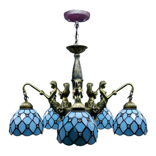 5 Lights Dome Hanging Chandelier Tiffany Blue Cut Glass Pendant Light Fixture with Mermaid Deco - Rebooters