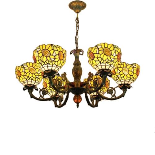 6 Lights Sunflower Hanging Light Tiffany Style Stained Glass Chandelier Lighting for Bedroom - Rebooters