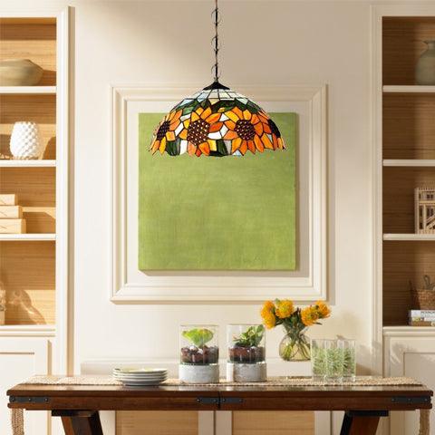 12"/16" Wide Domed Hanging Lamp Tiffany-Style Sunflower Light - Rebooters