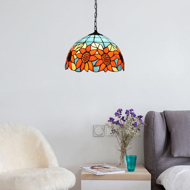 12"/16" Wide Domed Hanging Lamp Tiffany-Style Sunflower Light - Rebooters