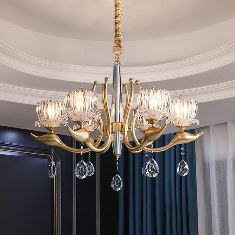 6-Light Lotus Shade Pendulum Light Gold Finish Chandelier - Rebooters