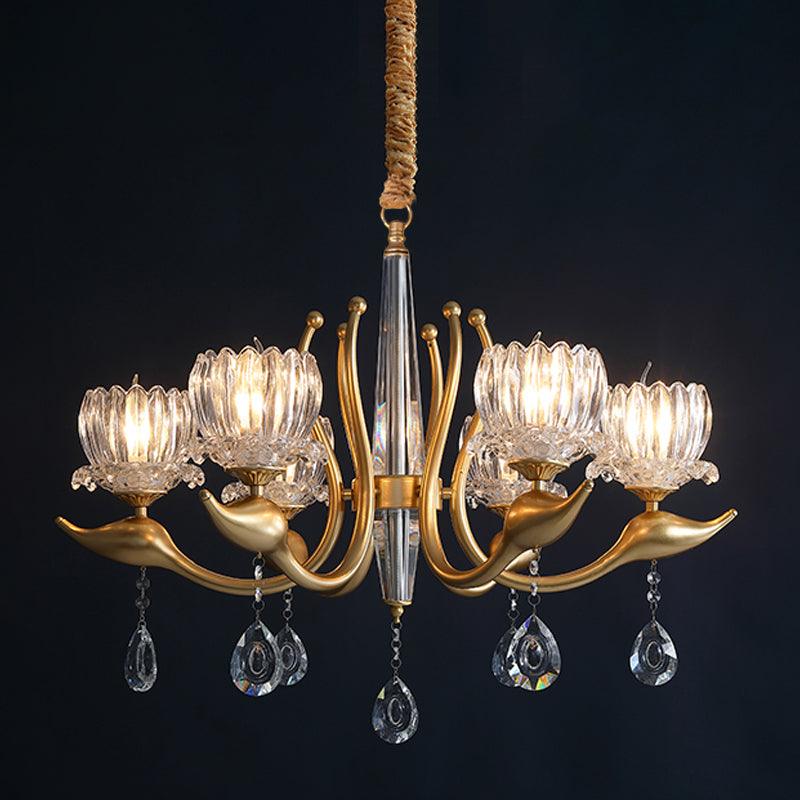 6-Light Lotus Shade Pendulum Light Gold Finish Chandelier - Rebooters