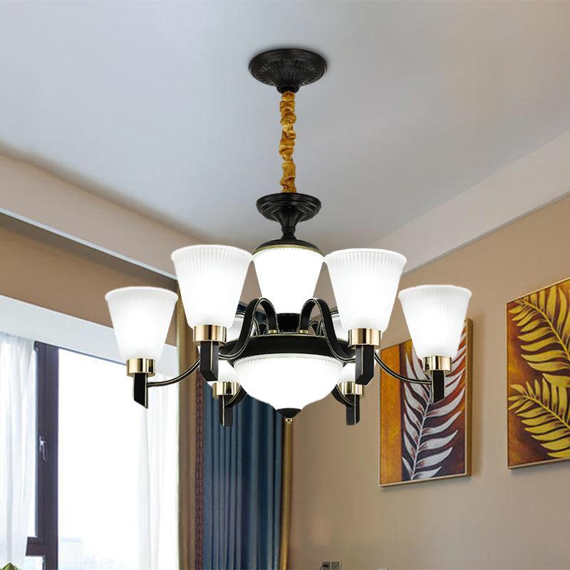 6/8 Heads Conical Chandelier Light Traditional Black Opal Glass Pendant - Rebooters