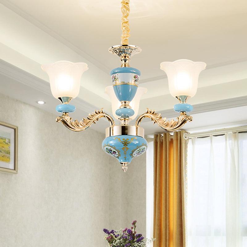 3/6-Head Opaline Glass Ceiling Chandelier Vintage Blue Floral - Rebooters