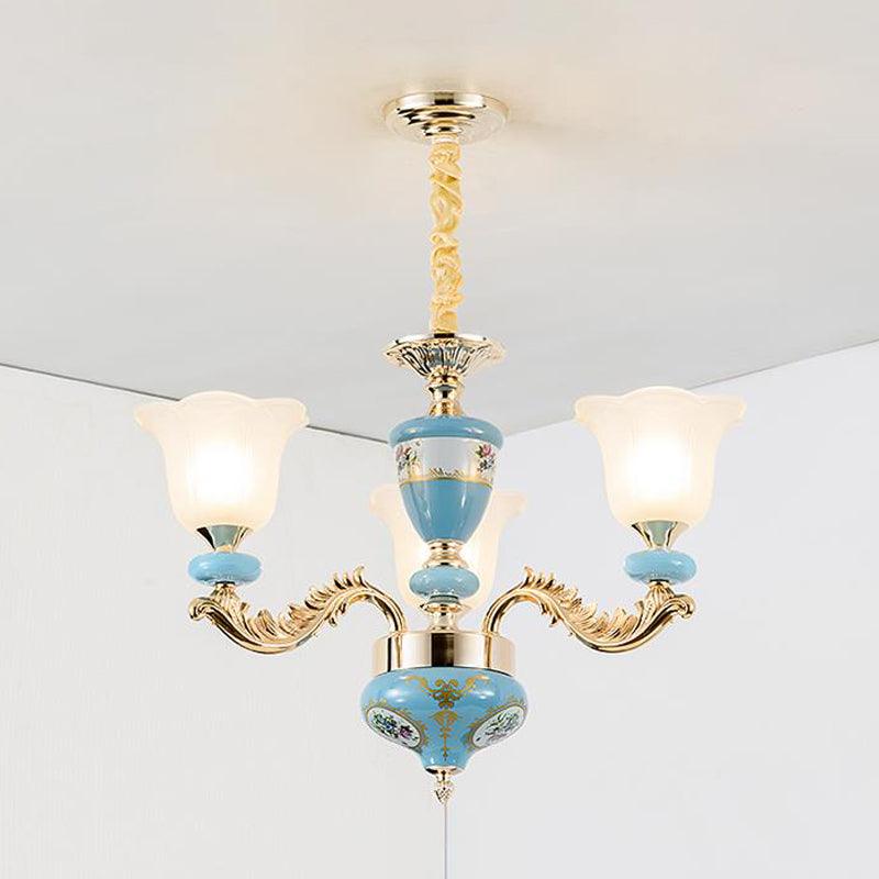 3/6-Head Opaline Glass Ceiling Chandelier Vintage Blue Floral - Rebooters
