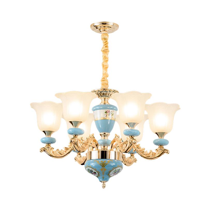 3/6-Head Opaline Glass Ceiling Chandelier Vintage Blue Floral - Rebooters
