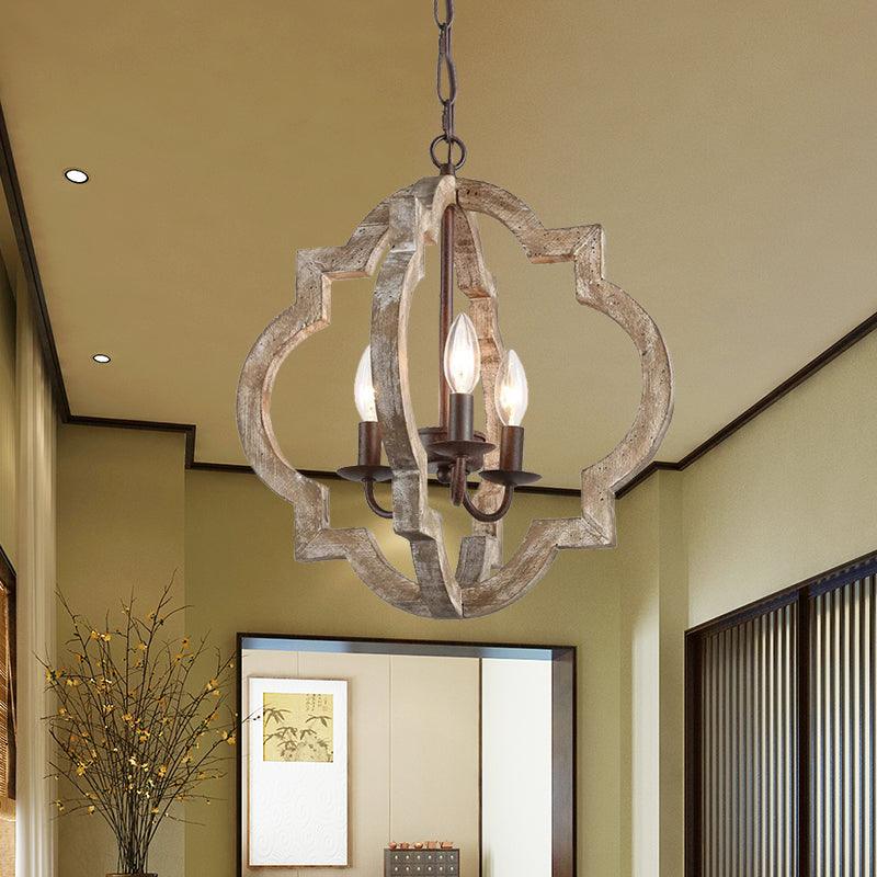 4 Lights Candle-Style Ceiling Chandelier Countryside Beige Wood Pendant Lamp - Rebooters