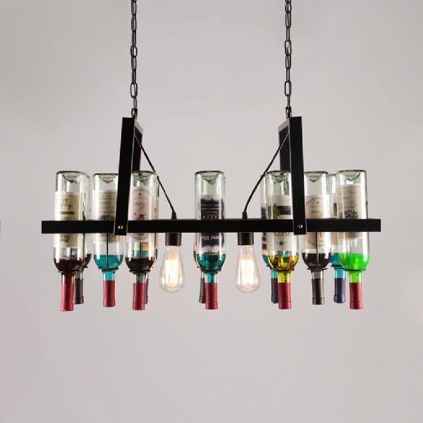 2-Light Clear Glass Hanging Chandelier Industrial Black Multi-Color Wine Bottle Bistro Pendant Light - Rebooters