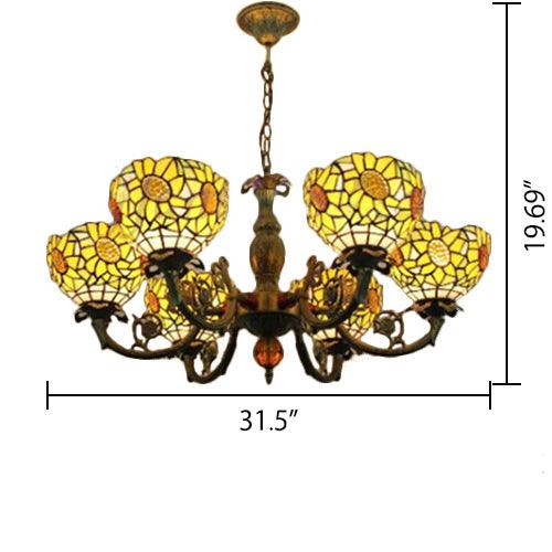 6 Lights Sunflower Hanging Light Tiffany Style Stained Glass Chandelier Lighting for Bedroom - Rebooters