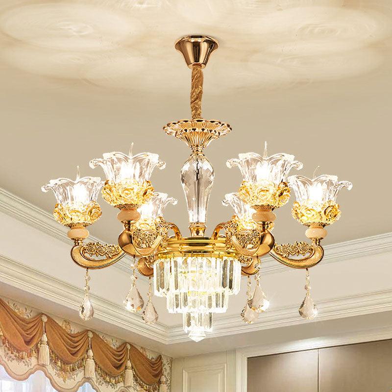 6 Lights Clear Glass Pendant Lamp Traditional Gold Flower Chandelier - Rebooters