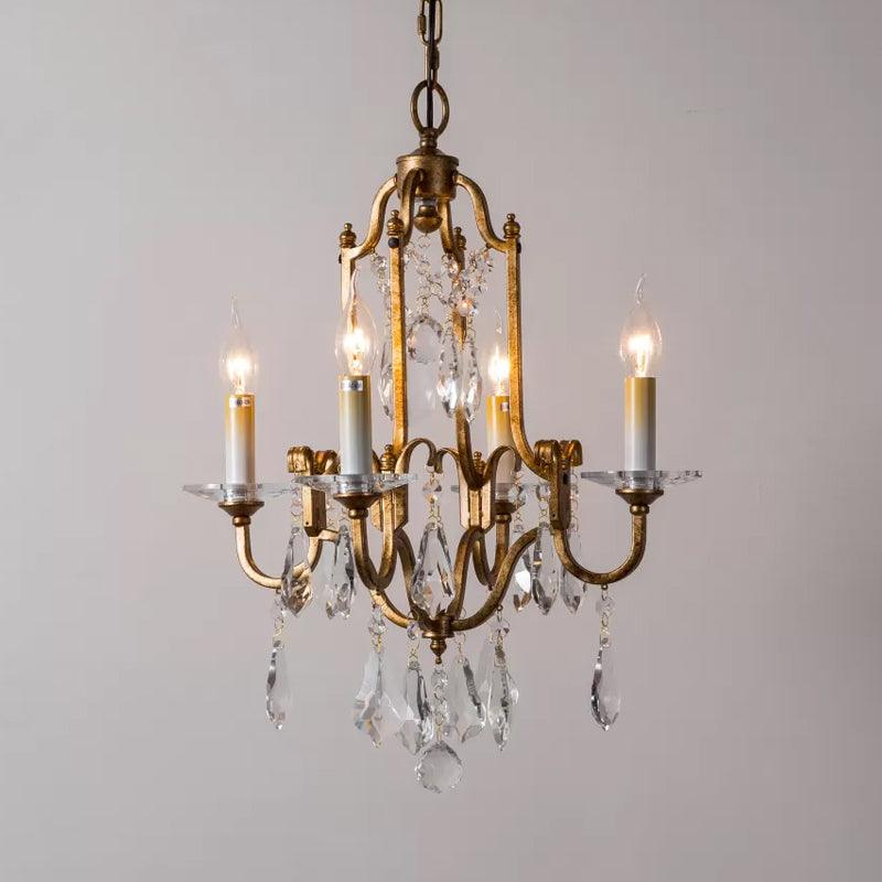 Antiqued Brass 4-Light Hanging Chandelier Rustic Crystal Ceiling Lamp - Rebooters