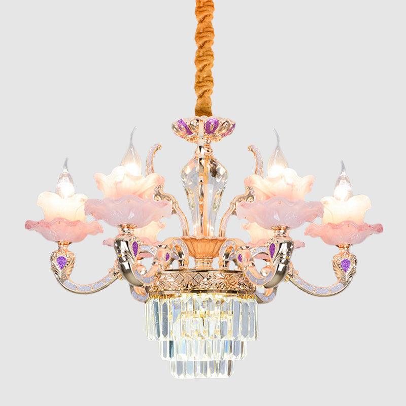 6 Lights 2-Layer Ruffle Chandelier Pink Glass Pendant Lamp - Rebooters