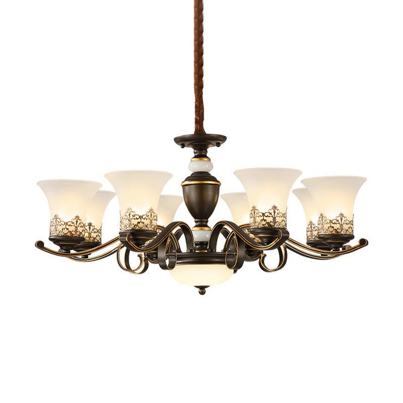 3/6/8 Lights Ceiling Suspension Lamp Rustic Style Bell Shade Cream Glass Chandelier Lighting in Black - Rebooters
