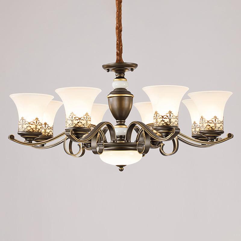 3/6/8 Lights Ceiling Suspension Lamp Rustic Style Bell Shade Cream Glass Chandelier Lighting in Black - Rebooters