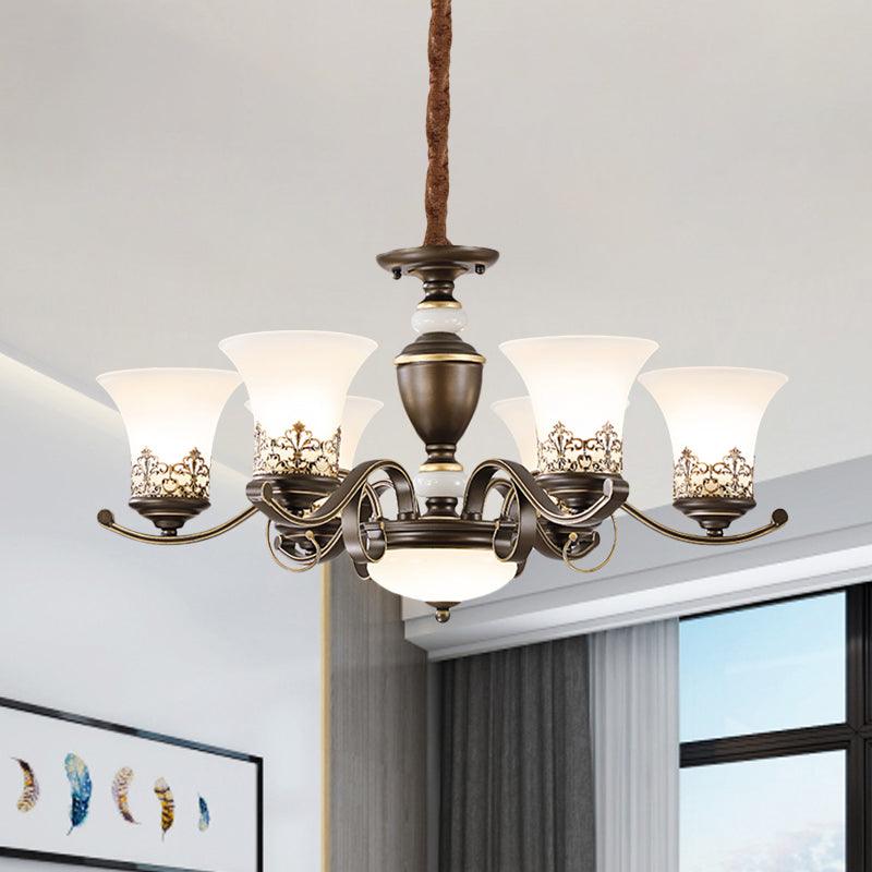3/6/8 Lights Ceiling Suspension Lamp Rustic Style Bell Shade Cream Glass Chandelier Lighting in Black - Rebooters
