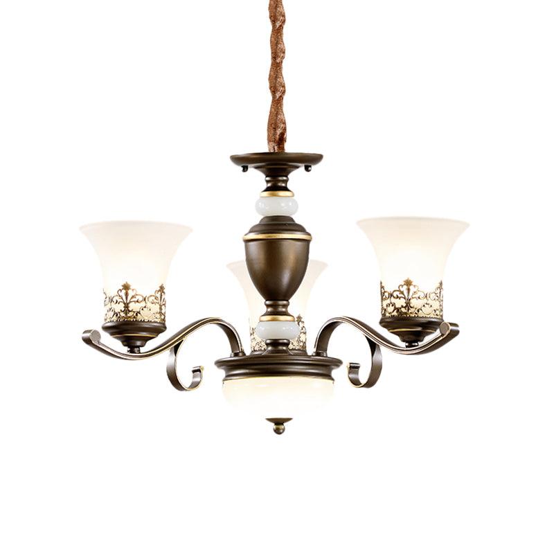 3/6/8 Lights Ceiling Suspension Lamp Rustic Style Bell Shade Cream Glass Chandelier Lighting in Black - Rebooters