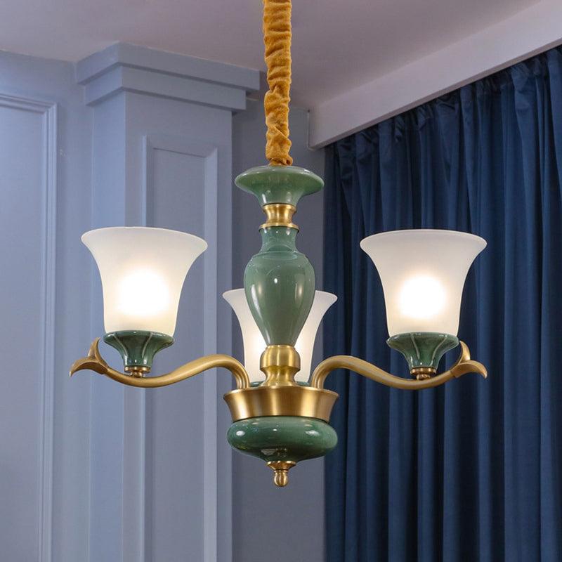 3/6 Bulbs Frosted Glass Suspension Lighting Countryside Green Chandelier - Rebooters