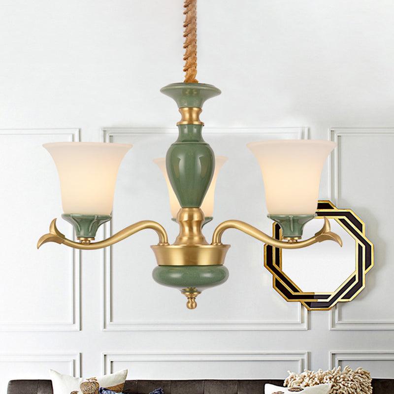3/6 Bulbs Frosted Glass Suspension Lighting Countryside Green Chandelier - Rebooters
