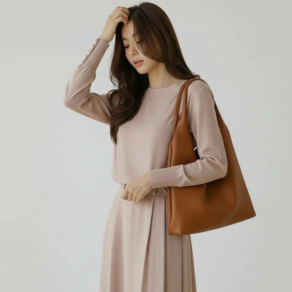 Woman in beige dress holding large brown leather tote bag on neutral background