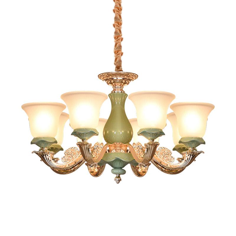 8/12 Lights Flared Shade Suspension Pendant Green Opal Glass Chandelier - Rebooters