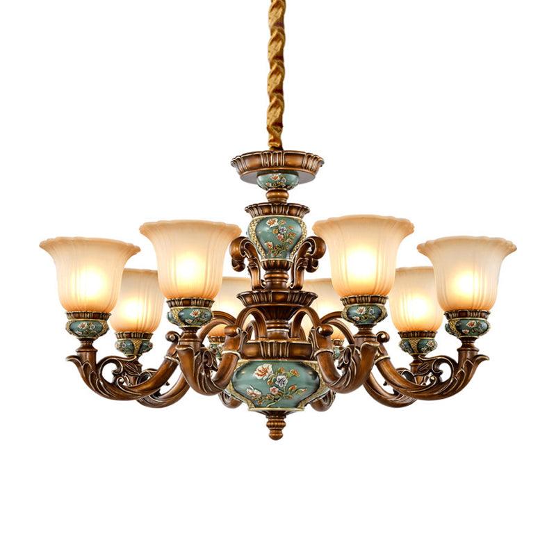 6/8-Bulb Suspension Pendant Light Antique Style Blossom Shaped Opal Glass Chandelier Light Fixture in Brown - Rebooters