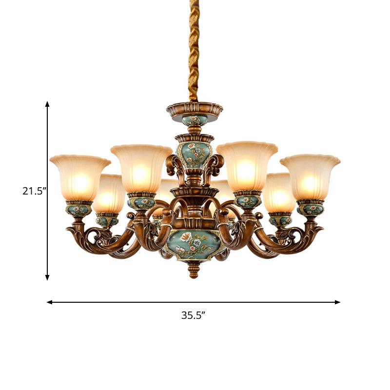 6/8-Bulb Suspension Pendant Light Antique Style Blossom Shaped Opal Glass Chandelier Light Fixture in Brown - Rebooters