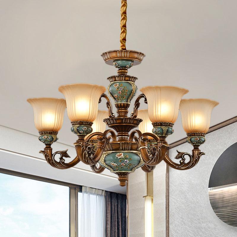6/8-Bulb Suspension Pendant Light Antique Style Blossom Shaped Opal Glass Chandelier Light Fixture in Brown - Rebooters