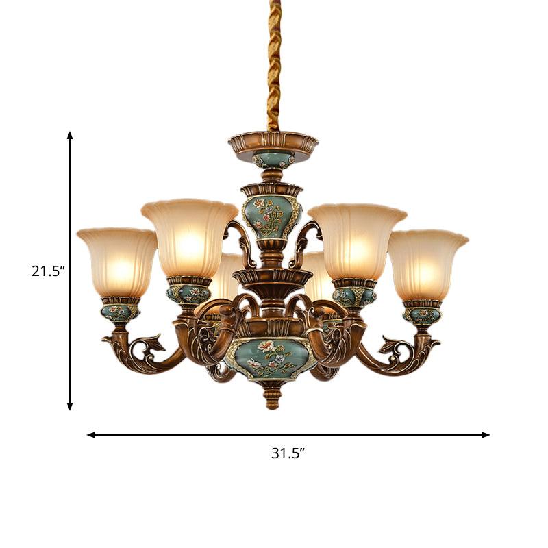 6/8-Bulb Suspension Pendant Light Antique Style Blossom Shaped Opal Glass Chandelier Light Fixture in Brown - Rebooters