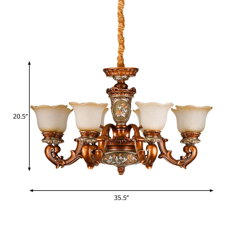 6/8-Head Cream Glass Chandelier Lighting Vintage Brown Floral Pendant Light - Rebooters