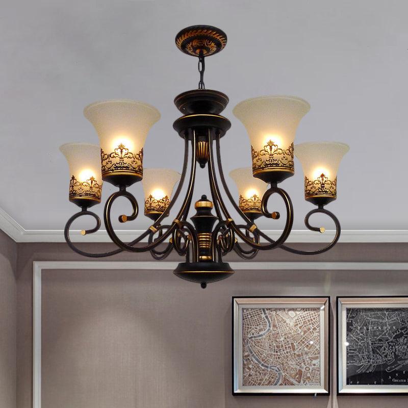 6/8-Light Ceiling Lamp with Bell Shade Cream Glass Traditional Chandelier in Black-Gold - Rebooters