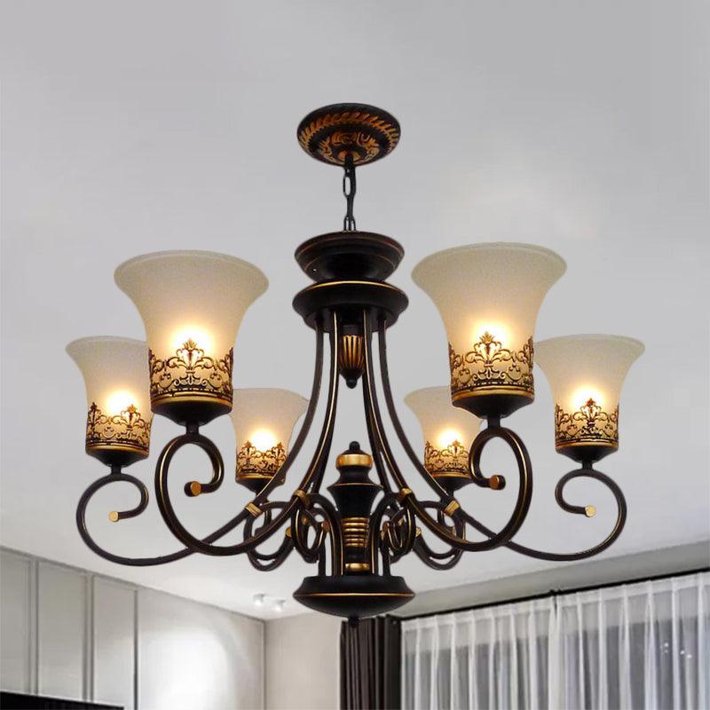 6/8-Light Ceiling Lamp with Bell Shade Cream Glass Traditional Chandelier in Black-Gold - Rebooters