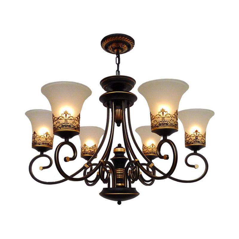 6/8-Light Ceiling Lamp with Bell Shade Cream Glass Traditional Chandelier in Black-Gold - Rebooters