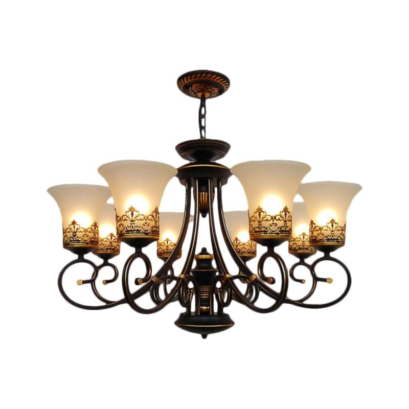 6/8-Light Ceiling Lamp with Bell Shade Cream Glass Traditional Chandelier in Black-Gold - Rebooters