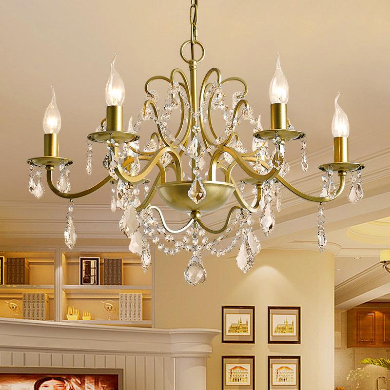 6 Heads Hanging Chandelier Traditional Candelabra Crystal Water Drops Suspended Lamp in Gold - Rebooters