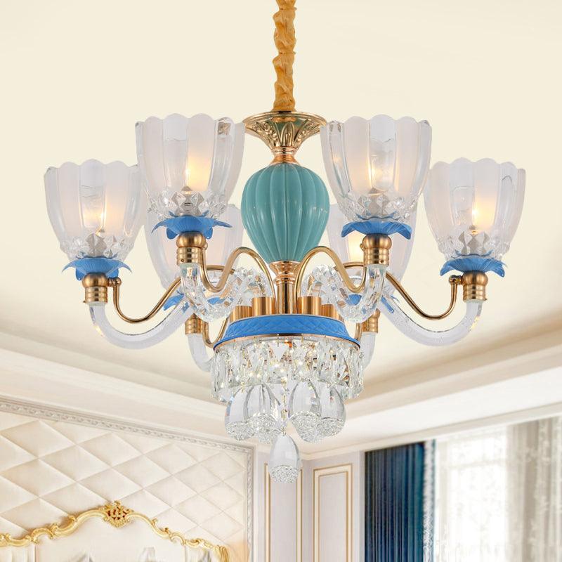 6 Heads Floral Shaped Chandelier Lamp Traditional Blue Crystal - Rebooters