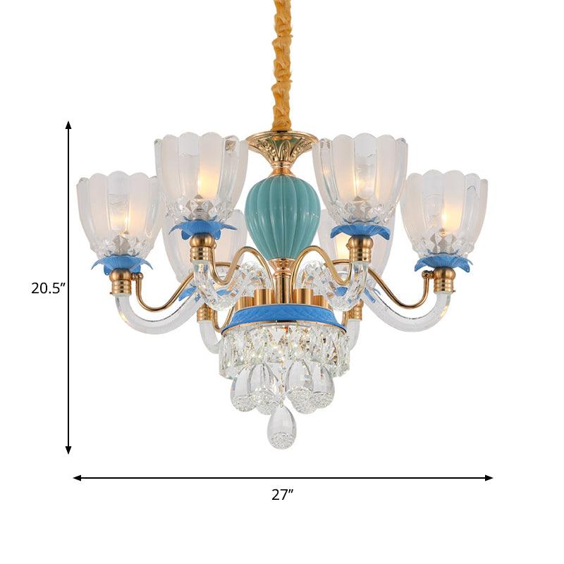 6 Heads Floral Shaped Chandelier Lamp Traditional Blue Crystal - Rebooters