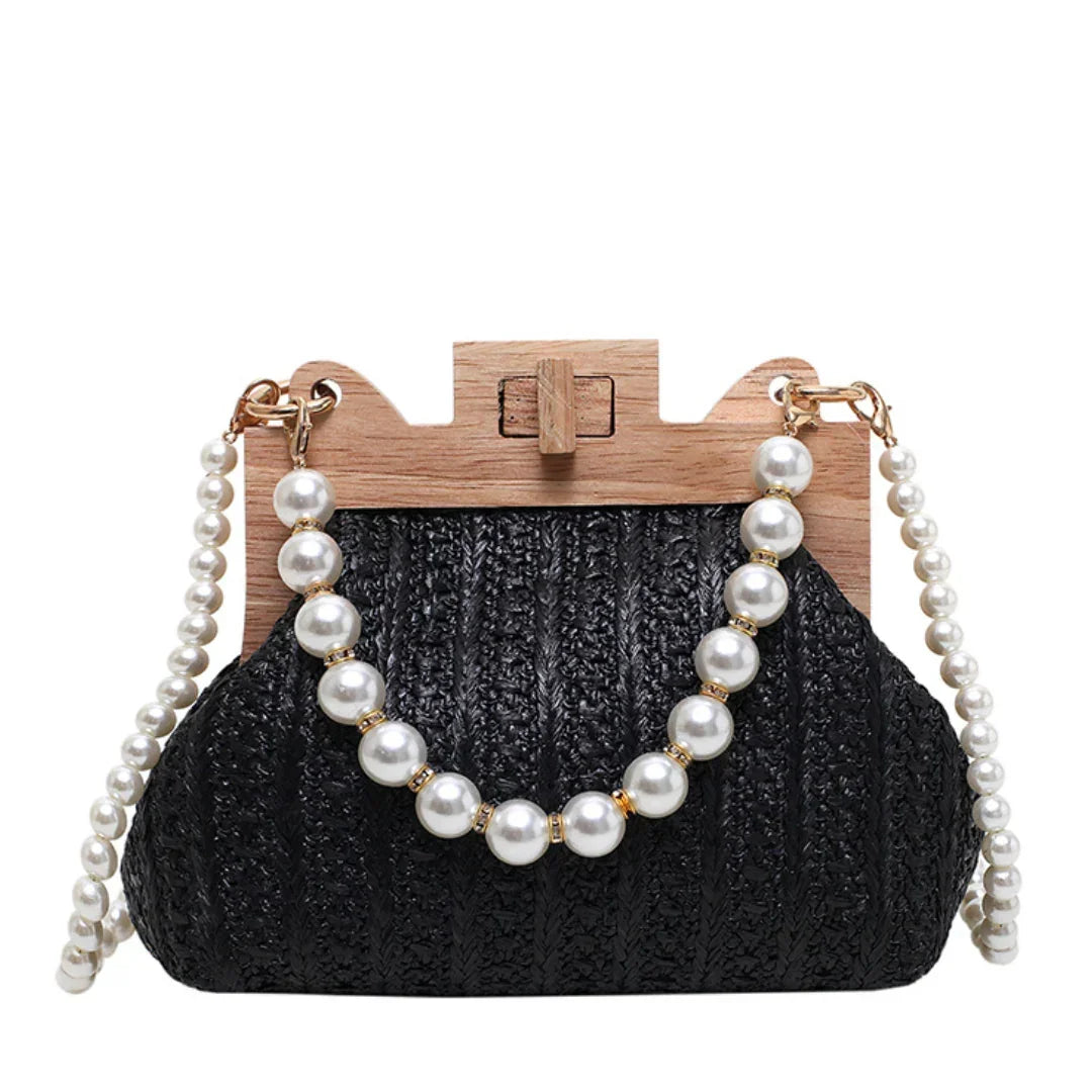 Black woven purse with wood frame and pearl beaded handle, elegant evening bag