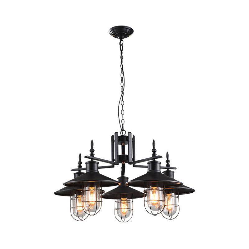 5-Light Cone Chandelier Industrial Black Clear Glass Fixture - Rebooters