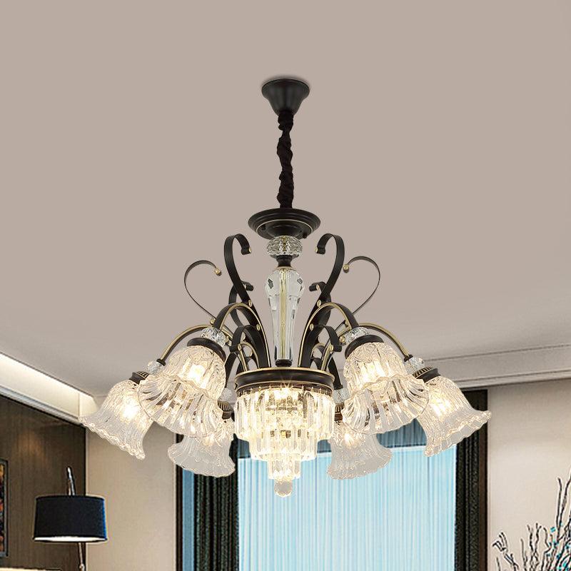 Beveled Glass Crystal Black Ceiling Chandelier Bell 6 Heads Traditional Pendant Light Kit - Rebooters