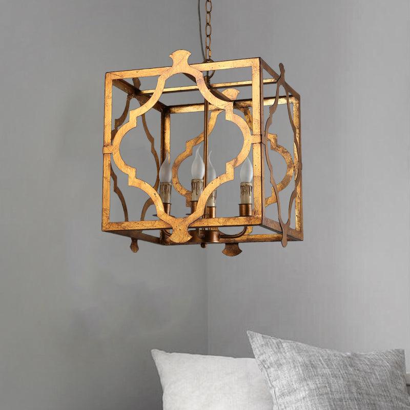 Antiqued Cube Cage Ceiling Chandelier 4 Lights Metal Candelabra - Rebooters