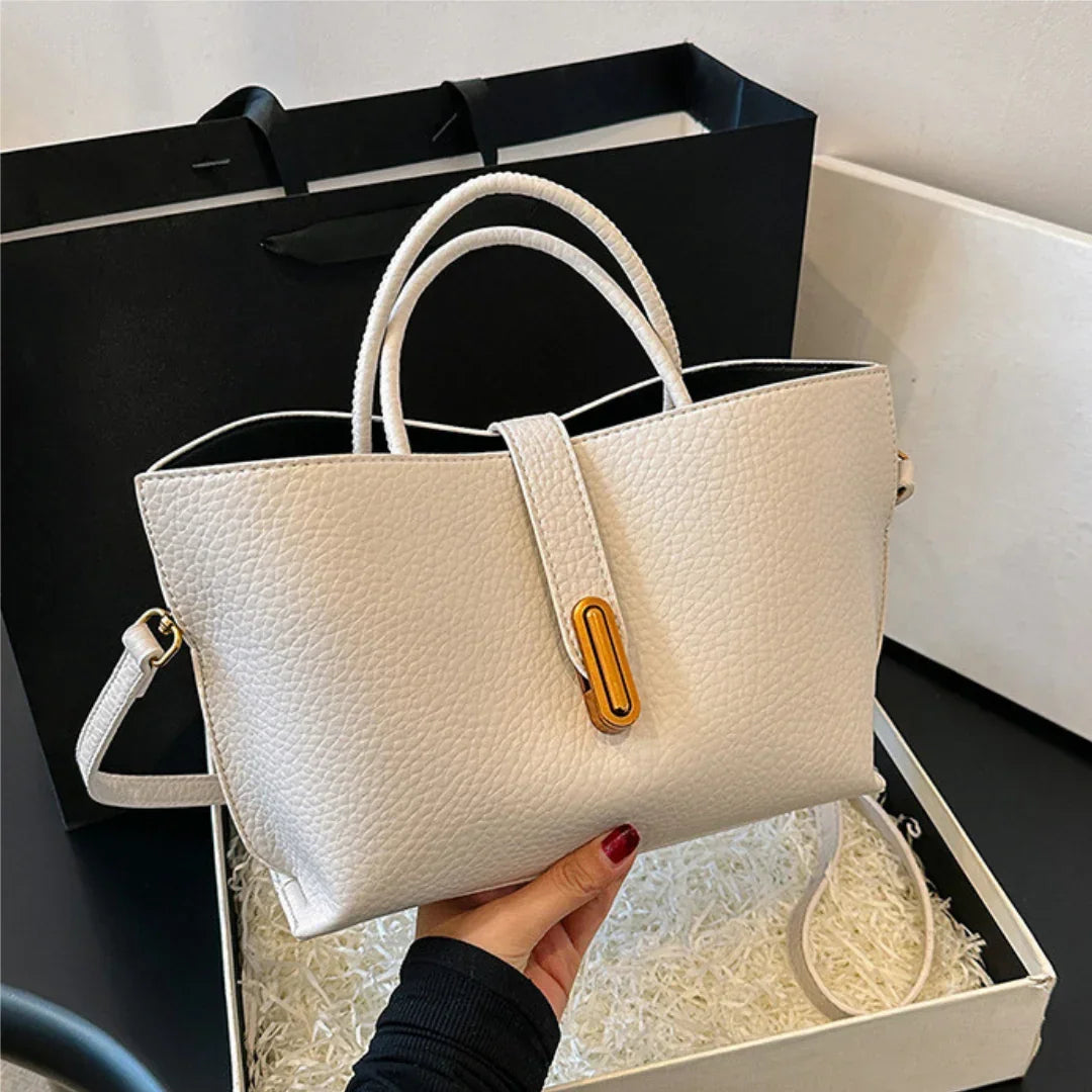 Textured white leather handbag with gold clasp, top handles, luxury purse in gift box