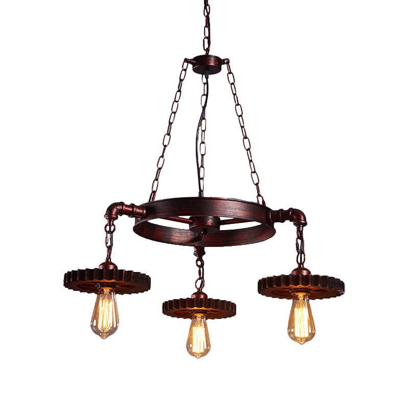 3/5/7 Heads Exposed Bulb Chandelier Light with Gear Deco Farmhouse Style Rust Metallic Ceiling Lamp - Rebooters