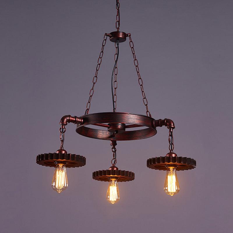 3/5/7 Heads Exposed Bulb Chandelier Light with Gear Deco Farmhouse Style Rust Metallic Ceiling Lamp - Rebooters