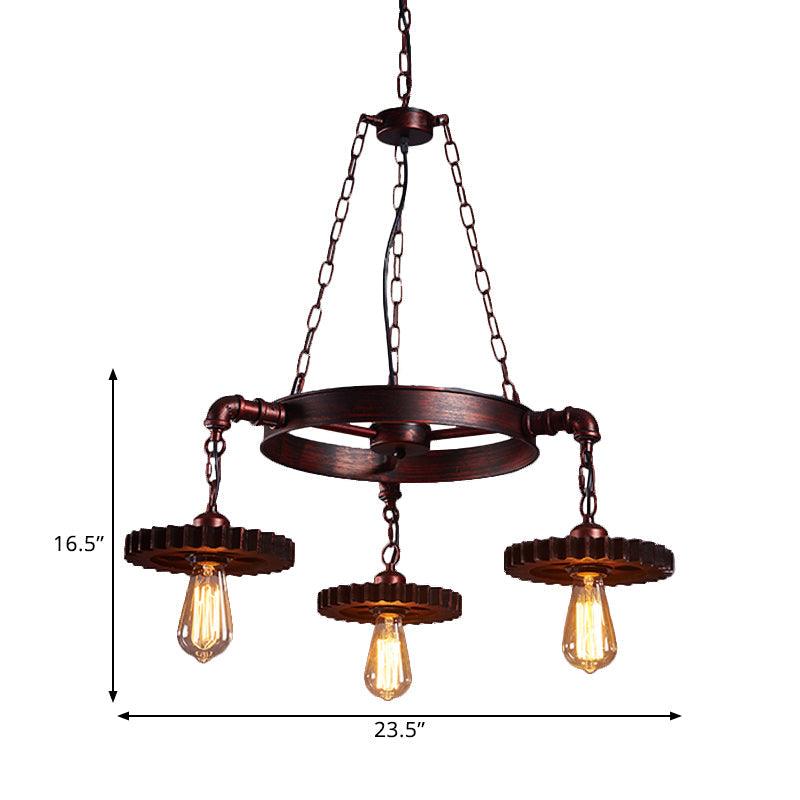 3/5/7 Heads Exposed Bulb Chandelier Light with Gear Deco Farmhouse Style Rust Metallic Ceiling Lamp - Rebooters