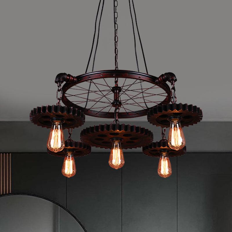 3/5/7 Heads Exposed Bulb Chandelier Light with Gear Deco Farmhouse Style Rust Metallic Ceiling Lamp - Rebooters