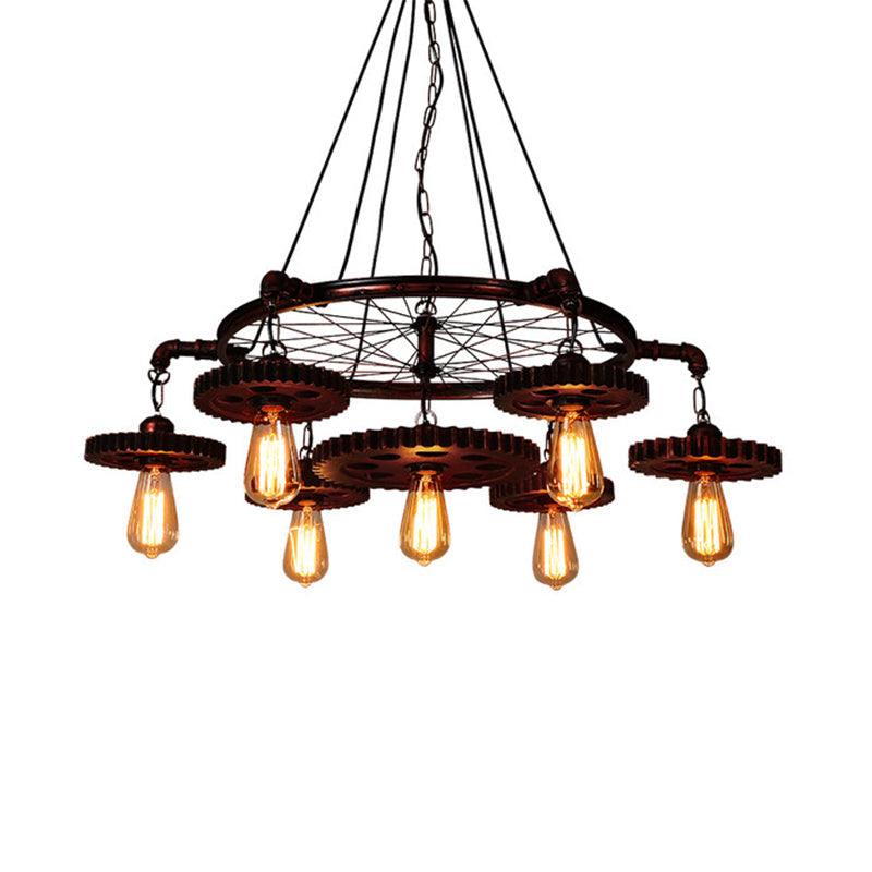 3/5/7 Heads Exposed Bulb Chandelier Light with Gear Deco Farmhouse Style Rust Metallic Ceiling Lamp - Rebooters
